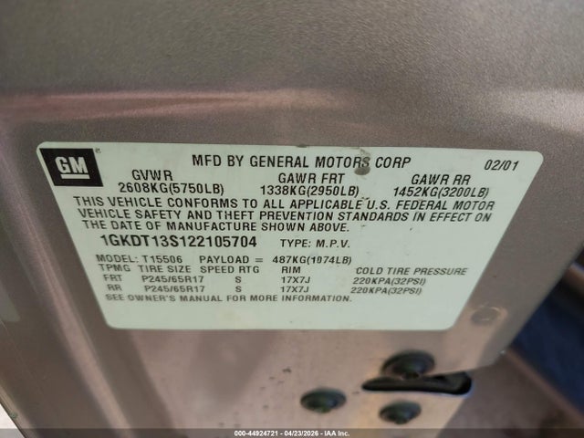 Продажа на аукционе авто 2002 Gmc Envoy Sle, vin: 1GKDT13S122105704, номер лота: 44924721