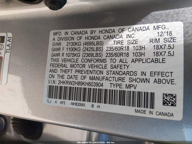 44924729 :رقم المزاد ، 2HKRW2H89KH603904 vin ، 2019 Honda Cr-v Ex-l مزاد بيع