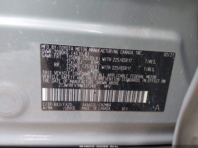 Aukcja sprzedaży 2021 Toyota Rav4 Xle, vin: 2T3W1RFV1MW137240, numer aukcji: 44924745