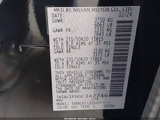 44924749 :رقم المزاد ، 5N1AL1FSXSC347746 vin ، 2025 Infiniti Qx60 Luxe Awd مزاد بيع