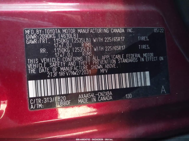 2T3F1RFV7NW272031 Toyota RAV4 LE