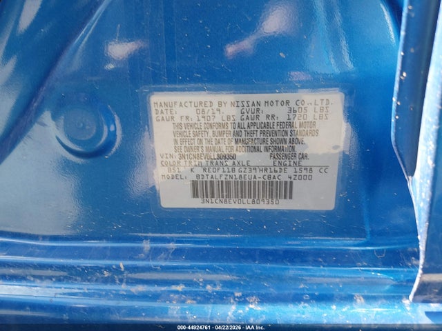 Продаж на аукціоні авто 2020 Nissan Versa Sv Xtronic Cvt, vin: 3N1CN8EV0LL809350, номер лоту: 44924761