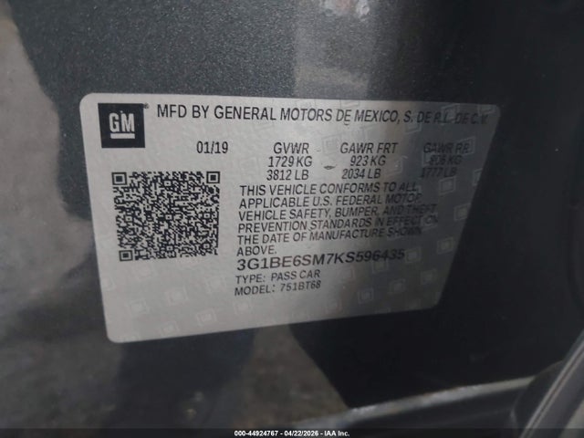 Chevrolet CRUZE LT 2019 3G1BE6SM7KS596435 Image 9