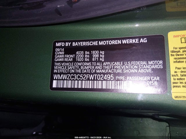 2015 Mini Countryman Cooper S მანქანა იყიდება აუქციონზე, vin: WMWZC3C52FWT02495, აუქციონის ნომერი: 44924772
