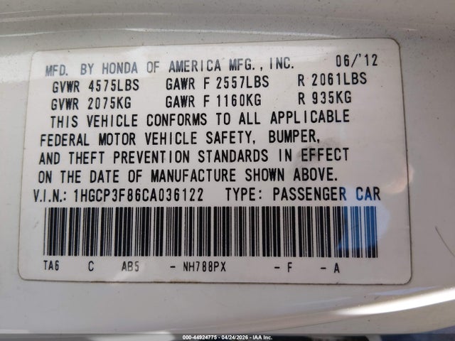 2012 Honda Accord 3.5 Ex-l მანქანა იყიდება აუქციონზე, vin: 1HGCP3F86CA036122, აუქციონის ნომერი: 44924775
