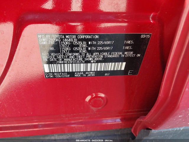 Продаж на аукціоні авто 2015 Toyota Rav4 Xle, vin: JTMRFREV3FD126174, номер лоту: 44924778