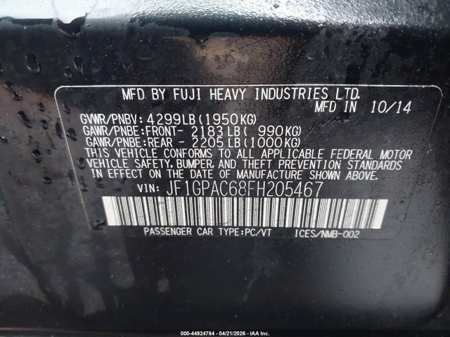 Продажа на аукционе авто 2015 Subaru Impreza 2.0i Premium, vin: JF1GPAC68FH205467, номер лота: 44924784