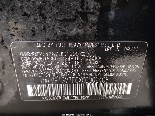 Aukcja sprzedaży 2012 Subaru Impreza Wrx Premium, vin: JF1GV7F6XCG002408, numer aukcji: 44924791