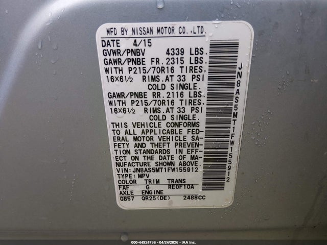 Продажа на аукционе авто 2015 Nissan Rogue Select S, vin: JN8AS5MT1FW155912, номер лота: 44924796