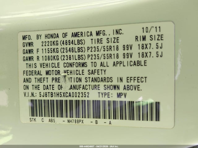 2012 Acura Rdx მანქანა იყიდება აუქციონზე, vin: 5J8TB1H5XCA002352, აუქციონის ნომერი: 44924807