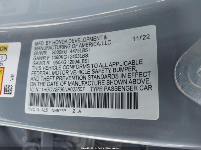 Aukcja sprzedaży 2022 Honda Accord Sport 2.0t, vin: 1HGCV2F36NA023507, numer aukcji: 44924812