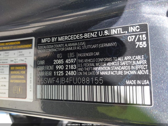 Продажа на аукционе авто 2015 Mercedes-benz C 300, vin: 55SWF4JB4FU088155, номер лота: 44924813