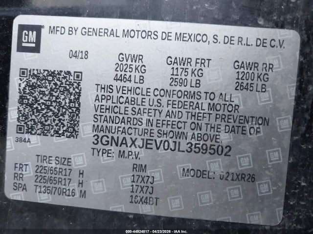 44924817 :رقم المزاد ، 3GNAXJEV0JL359502 vin ، 2018 Chevrolet Equinox Lt مزاد بيع