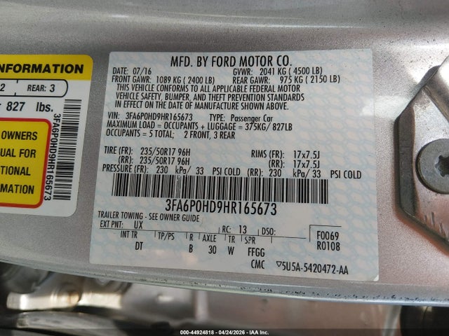 3FA6P0HD9HR165673 Ford FUSION SE