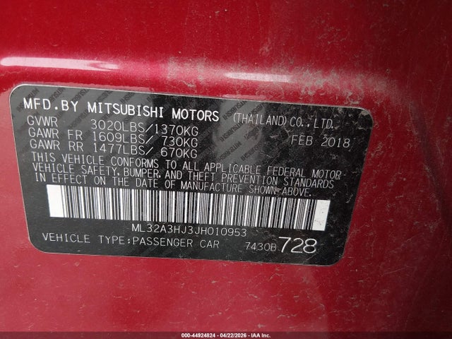 Aukcja sprzedaży 2018 Mitsubishi Mirage Es, vin: ML32A3HJ3JH010953, numer aukcji: 44924824