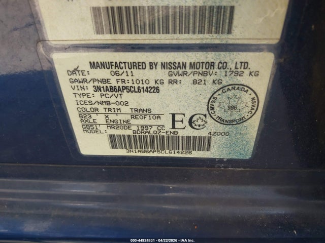 Aukcja sprzedaży 2012 Nissan Sentra 2.0, vin: 3N1AB6AP5CL614226, numer aukcji: 44924831