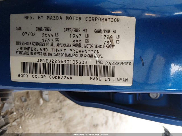 44924834 :رقم المزاد ، JM1BJ225630105303 vin ، 2003 Mazda Protege Dx/es/lx مزاد بيع