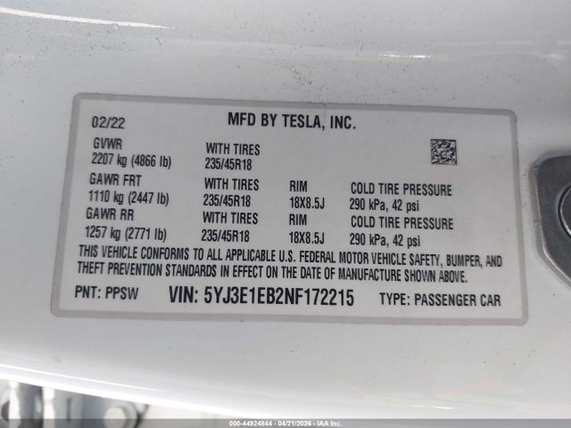 Продаж на аукціоні авто 2022 Tesla Model 3 Long Range Dual Motor All-wheel Drive, vin: 5YJ3E1EB2NF172215, номер лоту: 44924844