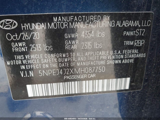 Продаж на аукціоні авто 2021 Hyundai Sonata Sel Plus, vin: 5NPEJ4J2XMH087750, номер лоту: 44924853