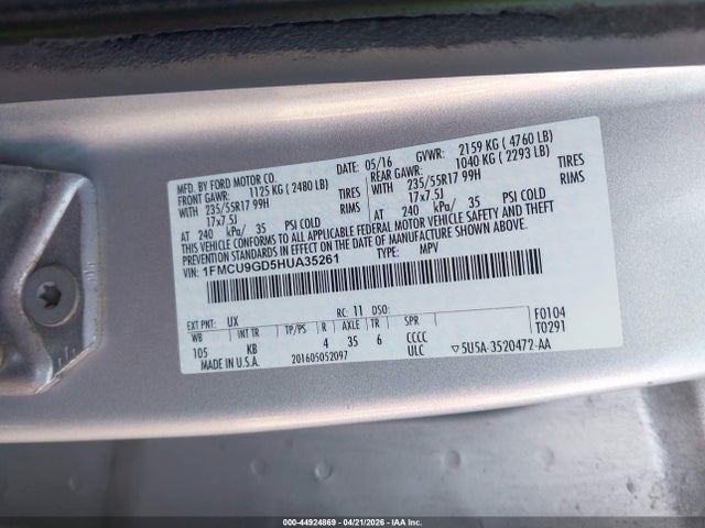 44924869 :رقم المزاد ، 1FMCU9GD5HUA35261 vin ، 2017 Ford Escape Se مزاد بيع