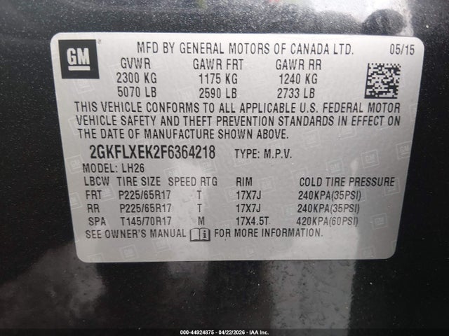 Aukcja sprzedaży 2015 Gmc Terrain Slt-1, vin: 2GKFLXEK2F6364218, numer aukcji: 44924875