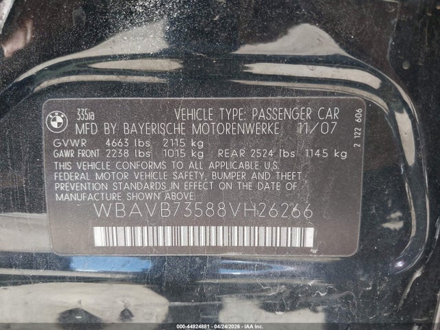 Продаж на аукціоні авто 2008 Bmw 335i, vin: WBAVB73588VH26266, номер лоту: 44924881