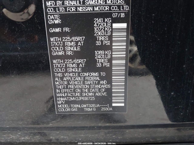 Aukcja sprzedaży 2018 Nissan Rogue Sv, vin: KNMAT2MV2JP616725, numer aukcji: 44924886
