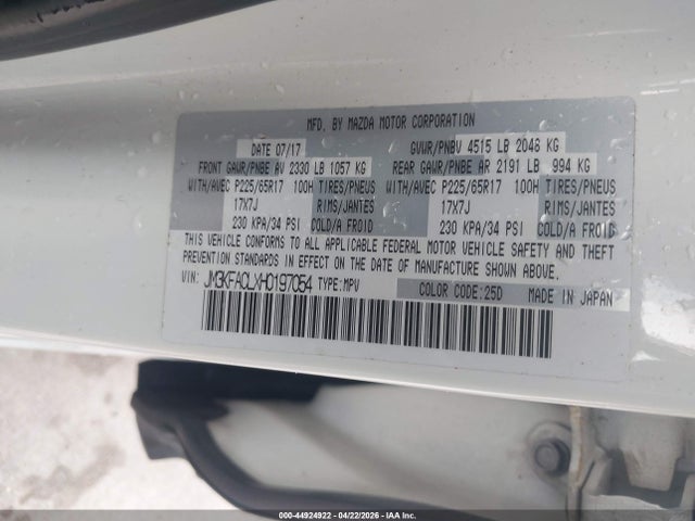 44924922 :رقم المزاد ، JM3KFACLXH0197054 vin ، 2017 Mazda Cx-5 Touring مزاد بيع