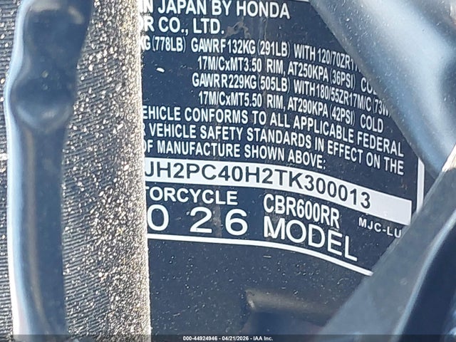 JH2PC40H2TK300013 Honda Cbr600 Rr