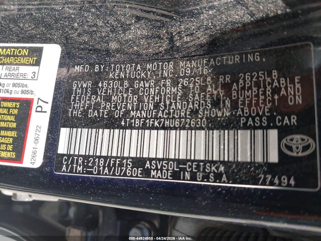 Aukcja sprzedaży 2017 Toyota Camry Se, vin: 4T1BF1FK7HU672630, numer aukcji: 44924955