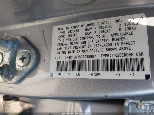 Aukcja sprzedaży 2009 Honda Accord 3.5 Ex, vin: 1HGCP36789A038907, numer aukcji: 44924956