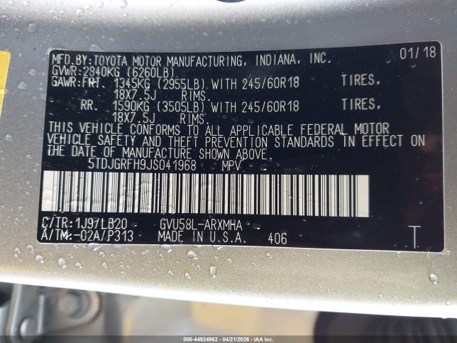 Продажа на аукционе авто 2018 Toyota Highlander Hybrid Xle, vin: 5TDJGRFH9JS041968, номер лота: 44924962