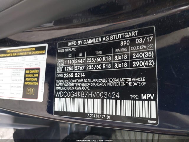 2017 Mercedes-benz Glc 300 4matic მანქანა იყიდება აუქციონზე, vin: WDC0G4KB7HV003424, აუქციონის ნომერი: 44924964