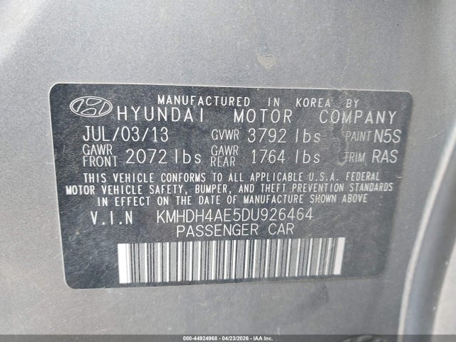 2013 Hyundai Elantra Gls მანქანა იყიდება აუქციონზე, vin: KMHDH4AE5DU926464, აუქციონის ნომერი: 44924968