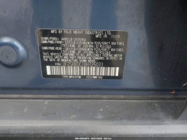 44924974 :رقم المزاد ، JF2SHBDC1BH725033 vin ، 2011 Subaru Forester 2.5x Premium مزاد بيع