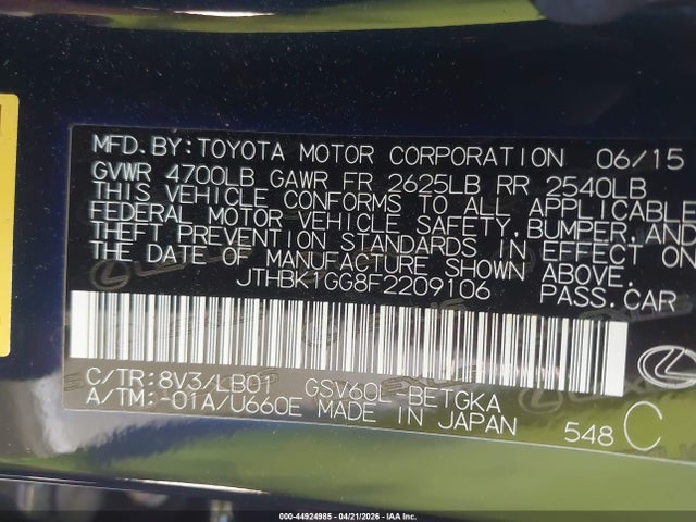 Aukcja sprzedaży 2015 Lexus Es 350, vin: JTHBK1GG8F2209106, numer aukcji: 44924985