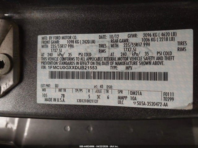 44924996 :رقم المزاد ، 1FMCU0GXXDUB21553 vin ، 2013 Ford Escape Se مزاد بيع
