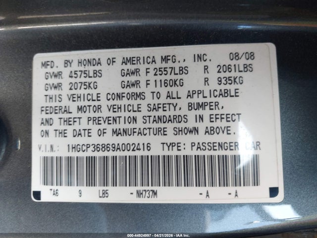 Aukcja sprzedaży 2009 Honda Accord 3.5 Ex-l, vin: 1HGCP36869A002416, numer aukcji: 44924997