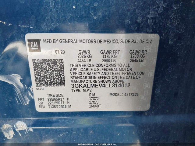 Продажа на аукционе авто 2020 Gmc Terrain Fwd Sle, vin: 3GKALMEV4LL314012, номер лота: 44924999
