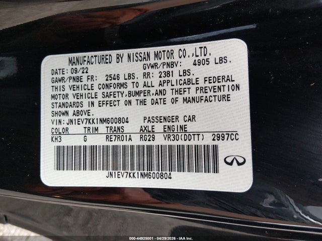 Продажа на аукционе авто 2022 Infiniti Q60 Luxe, vin: JN1EV7KK1NM600804, номер лота: 44925001