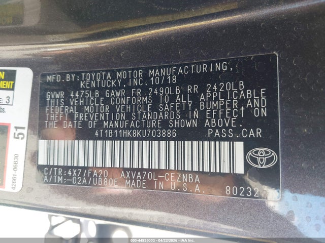 4T1B11HK8KU703886 Toyota CAMRY LE