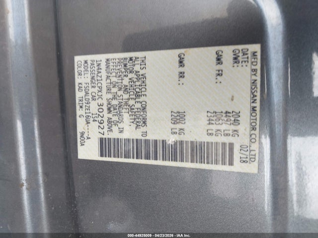 Aukcja sprzedaży 2018 Nissan Leaf Sv, vin: 1N4AZ1CPXJC302927, numer aukcji: 44925009
