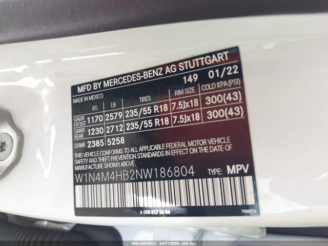 44925023 :رقم المزاد ، W1N4M4HB2NW186804 vin ، 2022 Mercedes-benz Glb 250 4matic مزاد بيع
