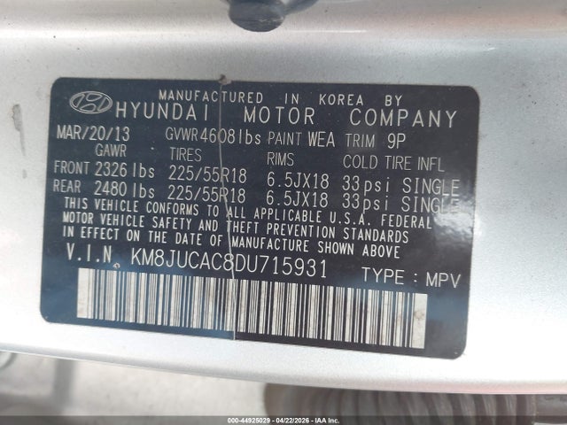 2013 Hyundai Tucson Limited მანქანა იყიდება აუქციონზე, vin: KM8JUCAC8DU715931, აუქციონის ნომერი: 44925029
