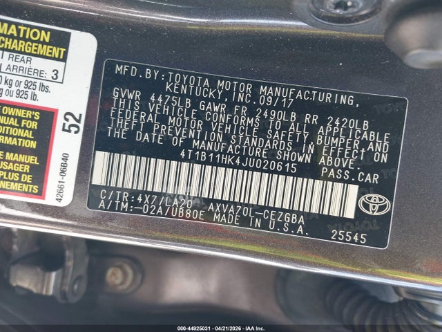 Aukcja sprzedaży 2018 Toyota Camry Xle, vin: 4T1B11HK4JU020615, numer aukcji: 44925031
