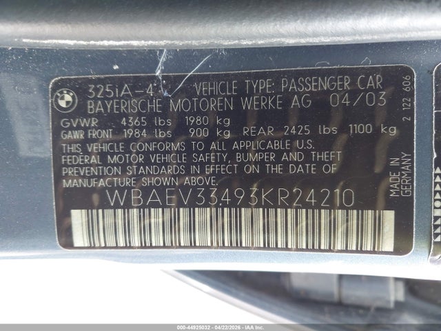 Aukcja sprzedaży 2003 Bmw 325i, vin: WBAEV33493KR24210, numer aukcji: 44925032