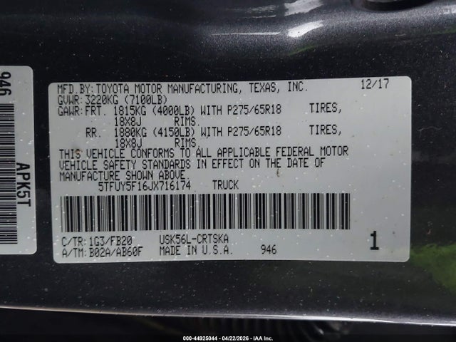 5TFUY5F16JX716174 Toyota Tundra Sr5 5.7l V8