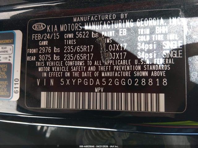 44925048 :رقم المزاد ، 5XYPGDA52GG028818 vin ، 2016 Kia Sorento 3.3l Lx مزاد بيع