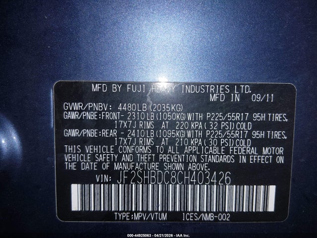 2012 Subaru Forester 2.5x Premium მანქანა იყიდება აუქციონზე, vin: JF2SHBDC8CH403426, აუქციონის ნომერი: 44925063