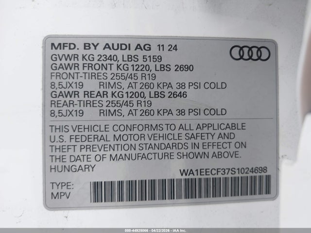 Aukcja sprzedaży 2025 Audi Q3 Premium 45 Tfsi S Line Quattro Tiptronic, vin: WA1EECF37S1024698, numer aukcji: 44925066